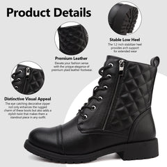 Maxome Boots for Women Walking Ankle Boots Waterproof Combat Black Lace up Booties Side Zipper Low Heel Bootie