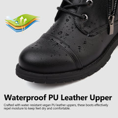 Maxome Boots for Women Walking Ankle Boots Waterproof Combat Black Lace up Booties Side Zipper Low Heel Bootie