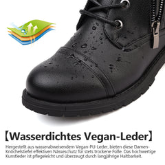 todaysunny Stiefeletten Damen Schnürstiefel Springerstiefel Schwarz Leder Wasserdichte Stiefeletten mit Reißverschluss Niedriger Absatz Schuhe Herbst Winter Combat Boots