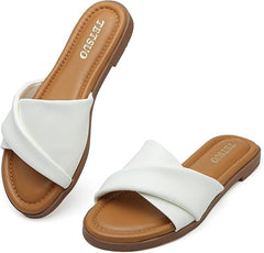 Womens Flat Sandals Open Toe Slip On Slides with Strap Slippers for Summer Slide Sandals