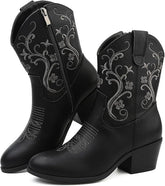 BKWHDAY Women’s Western Short Cowboy Boots, Cowgirl Ankle Boots with Embroidered Design and Side Zipper