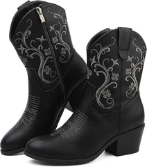 BKWHDAY Women’s Western Short Cowboy Boots, Cowgirl Ankle Boots with Embroidered Design and Side Zipper