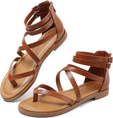 Maxome Sandals Womens Summer Gladiator Sandals Flat Sandals Ladies Thong Cross Strappy Sandals Back Zipper Roman Sandals Comfy Soft Footbed Open Toe Causal Beach Sandals Boho Sandals
