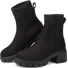 ziitop Women Platform Chelsea Boots Fashion Elastic Ankle Booties Lug Sole Chunky Block Heel Leather Fall Boots Ladies