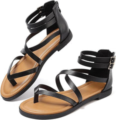 Maxome Sandals Womens Summer Gladiator Sandals Flat Sandals Ladies Thong Cross Strappy Sandals Back Zipper Roman Sandals Comfy Soft Footbed Open Toe Causal Beach Sandals Boho Sandals