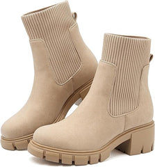 ziitop Women Platform Chelsea Boots Fashion Elastic Ankle Booties Lug Sole Chunky Block Heel Leather Fall Boots Ladies