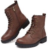 Women’s Combat Boots Lace Up Fall Ankle Booties with Side Zipper Low Heel
