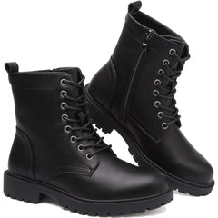 Maxome Boots for Women UK Combat Ladies Ankle Walking Black Boots Waterproof Side Zipper Lace Up Work Shoes Non Slip Platform Leather Booties
