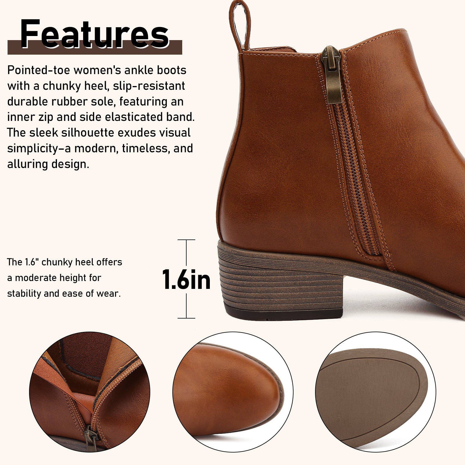 ziitop Ankle Boots for Women Waterproof Walking Boots Fashion Chelsea Booties Side Zip Low Heel Shoes Pointed Toe Casual Short Booties Black Brown