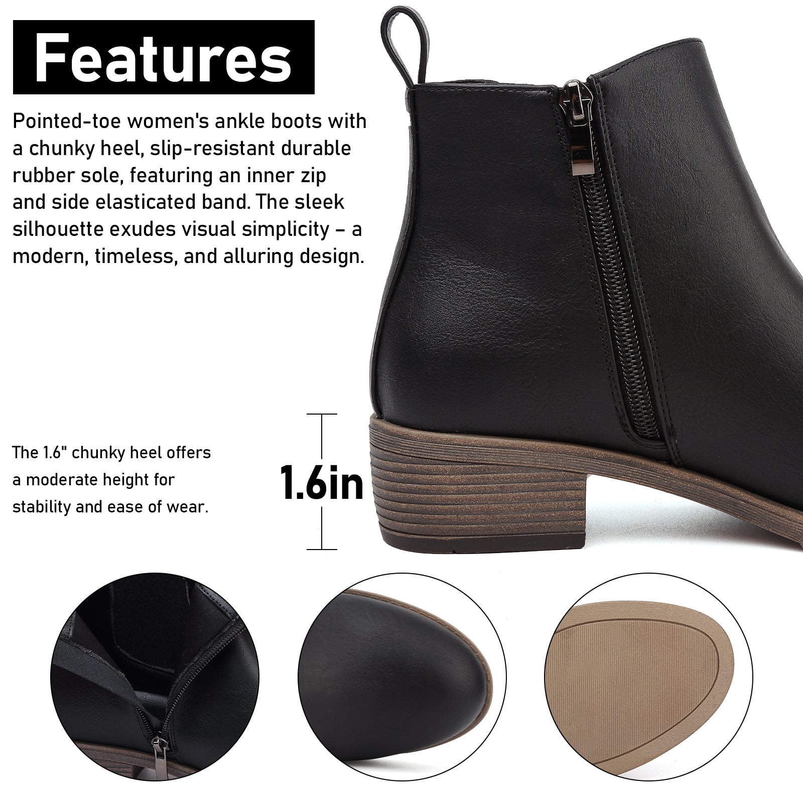 Maxome Stiefeletten Damen Knöchelstiefel Mit Reißverschluss Wasserdichte Leder Stiefeletten Stylische Chelsea Boots Mit Niedrigem Absatz Spitze Zehen Freizeitschuhe Herbst Winter Damenstiefel Schwarz