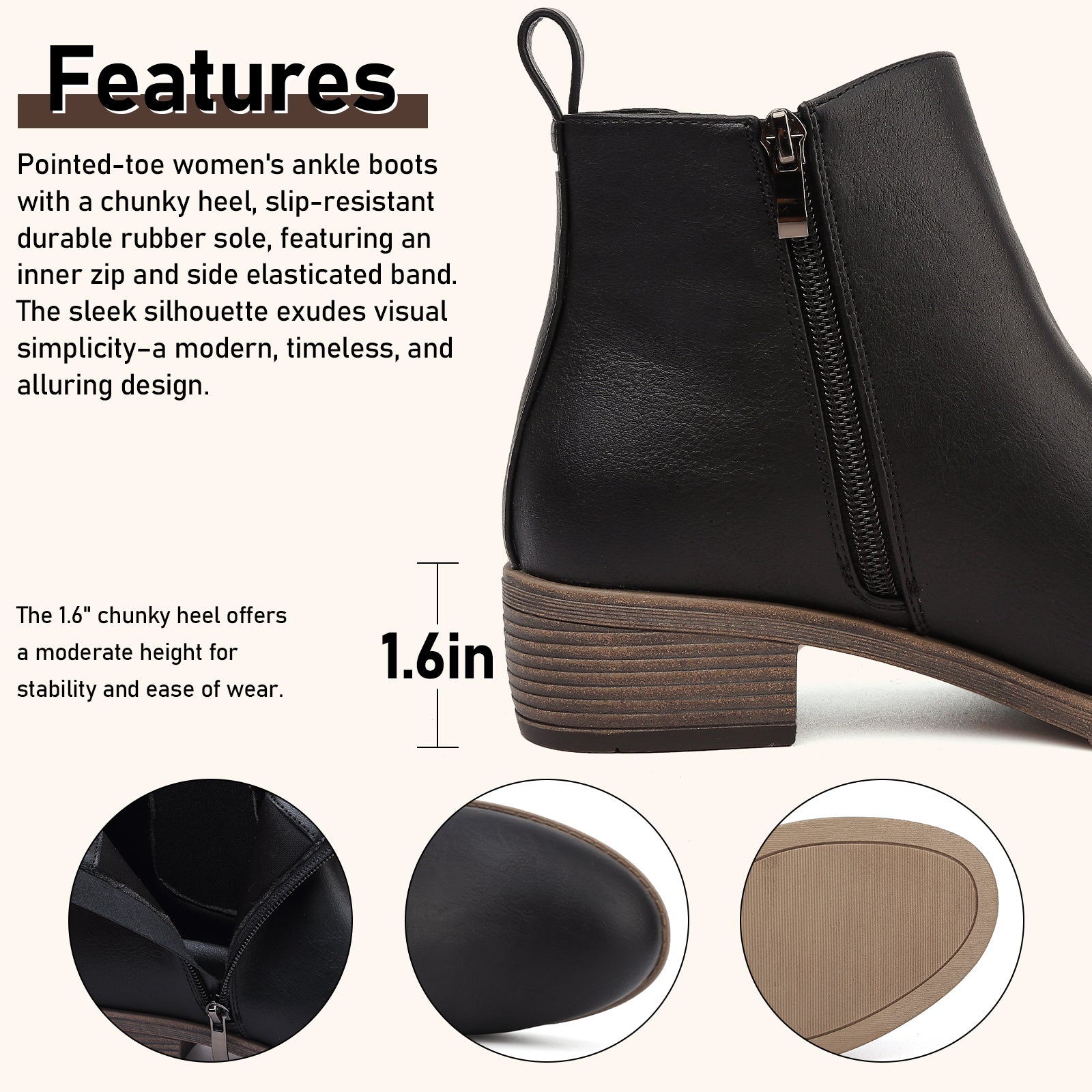 ziitop Ankle Boots for Women Waterproof Walking Boots Fashion Chelsea Booties Side Zip Low Heel Shoes Pointed Toe Casual Short Booties Black Brown