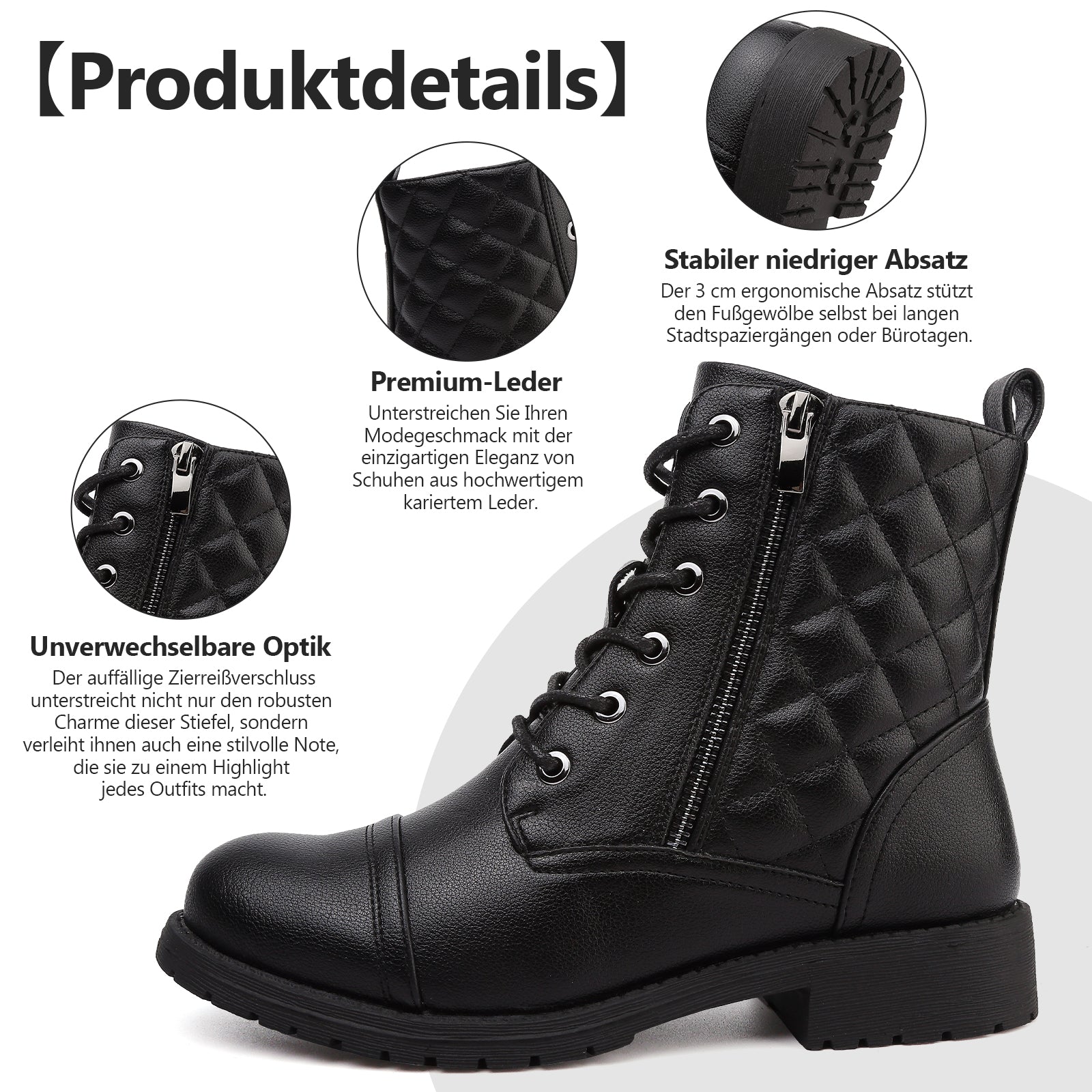 todaysunny Stiefeletten Damen Schnürstiefel Springerstiefel Schwarz Leder Wasserdichte Stiefeletten mit Reißverschluss Niedriger Absatz Schuhe Herbst Winter Combat Boots