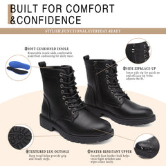 Maxome Boots for Women UK Combat Ladies Ankle Walking Black Boots Waterproof Side Zipper Lace Up Work Shoes Non Slip Platform Leather Booties