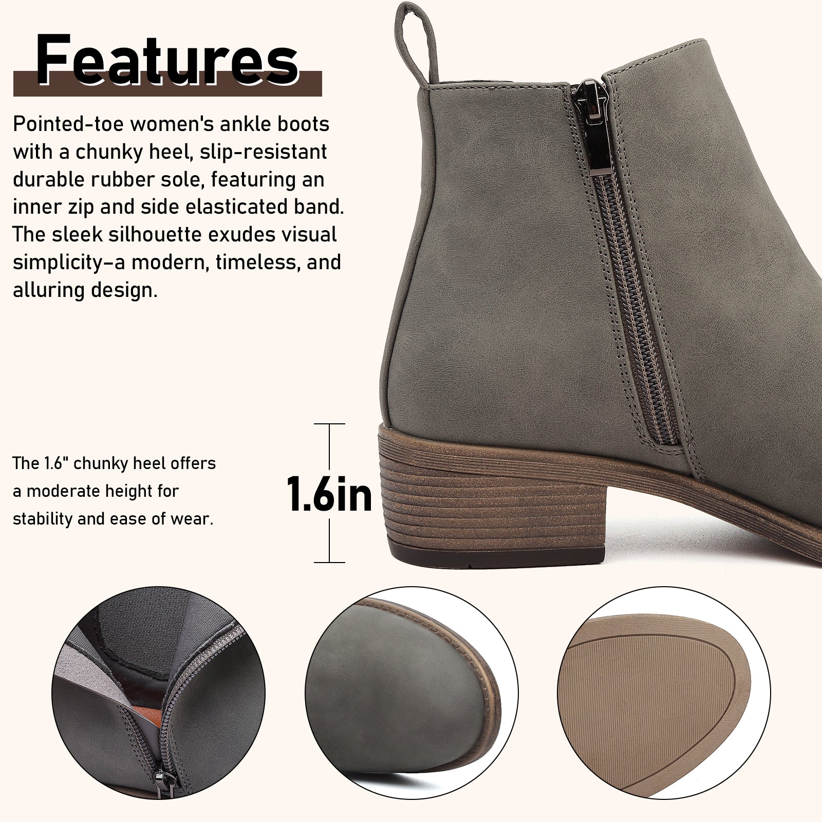 ziitop Ankle Boots for Women Waterproof Walking Boots Fashion Chelsea Booties Side Zip Low Heel Shoes Pointed Toe Casual Short Booties Black Brown