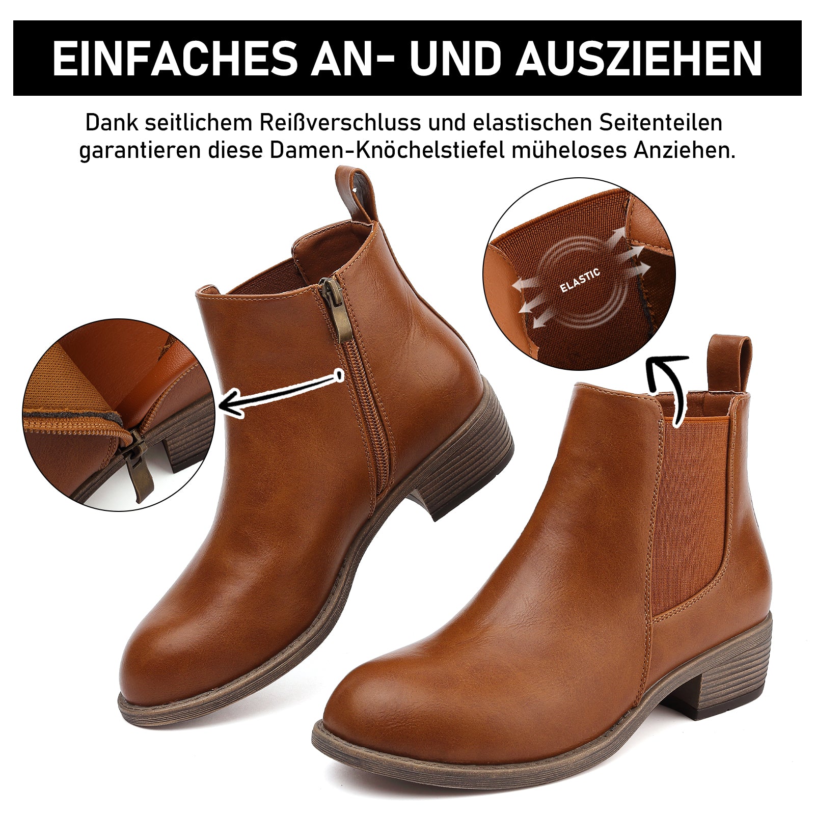 Maxome Stiefeletten Damen Knöchelstiefel Mit Reißverschluss Wasserdichte Leder Stiefeletten Stylische Chelsea Boots Mit Niedrigem Absatz Spitze Zehen Freizeitschuhe Herbst Winter Damenstiefel Schwarz
