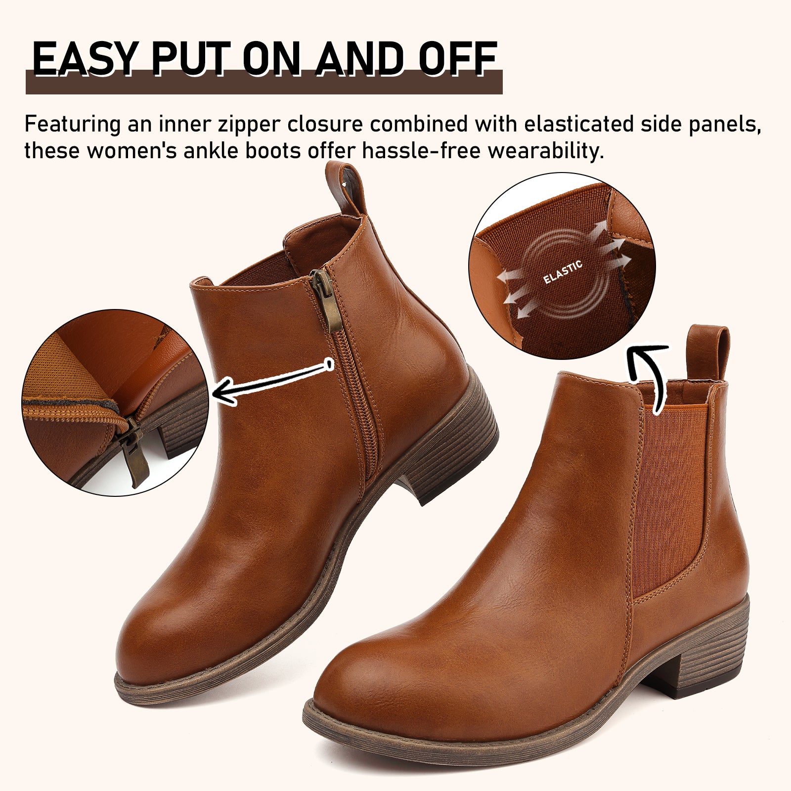 ziitop Ankle Boots for Women Waterproof Walking Boots Fashion Chelsea Booties Side Zip Low Heel Shoes Pointed Toe Casual Short Booties Black Brown