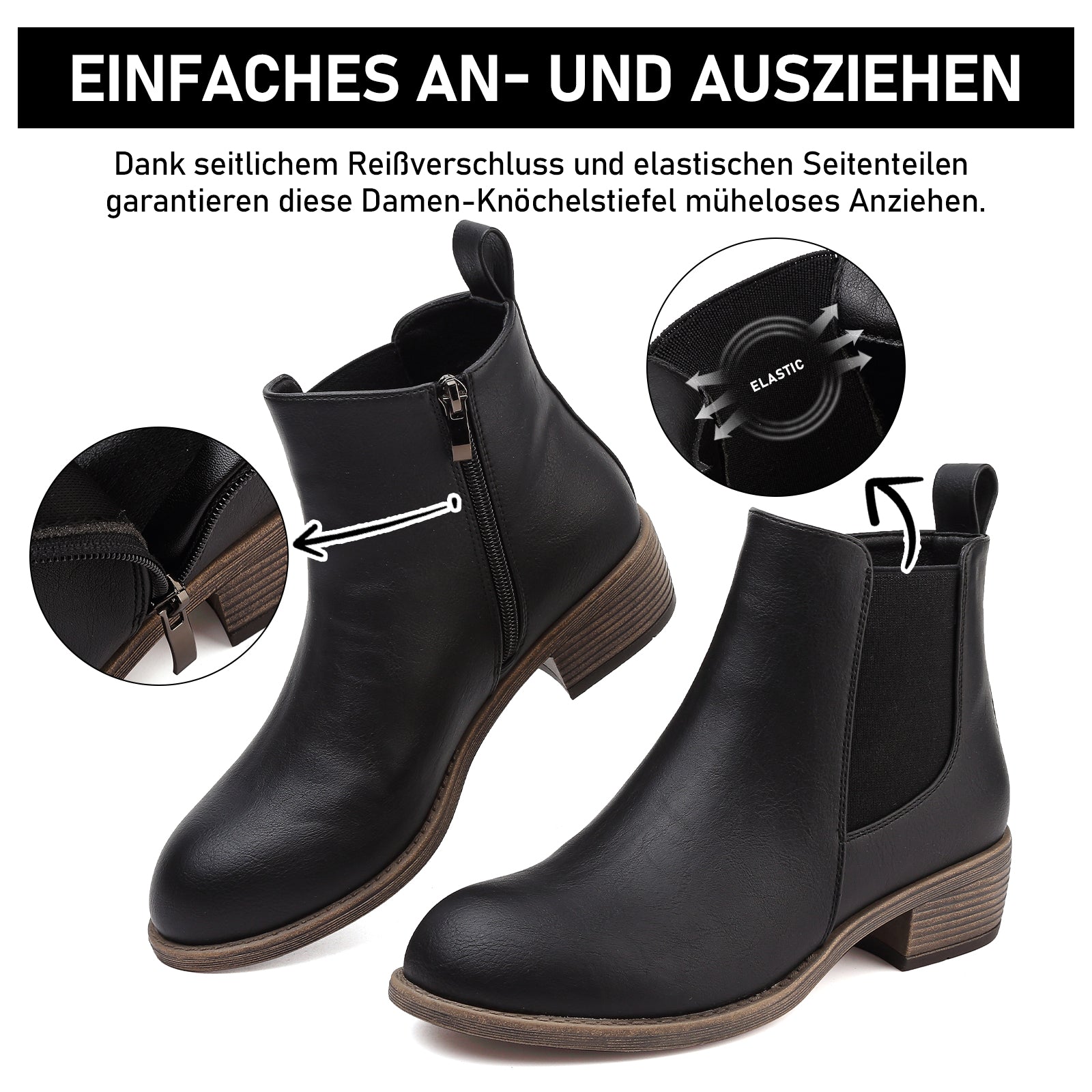 Maxome Stiefeletten Damen Knöchelstiefel Mit Reißverschluss Wasserdichte Leder Stiefeletten Stylische Chelsea Boots Mit Niedrigem Absatz Spitze Zehen Freizeitschuhe Herbst Winter Damenstiefel Schwarz