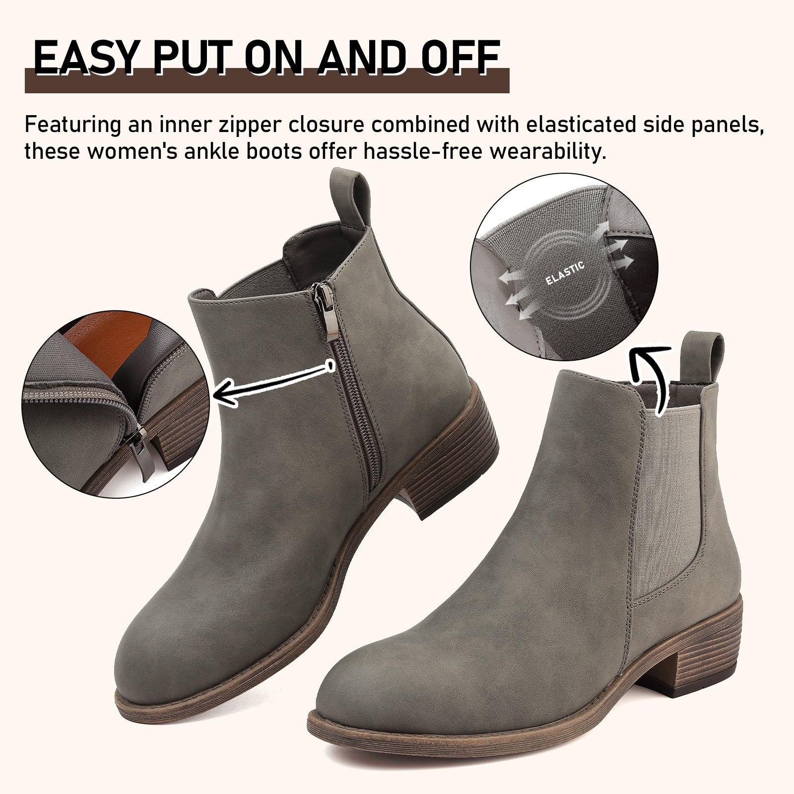 ziitop Ankle Boots for Women Waterproof Walking Boots Fashion Chelsea Booties Side Zip Low Heel Shoes Pointed Toe Casual Short Booties Black Brown