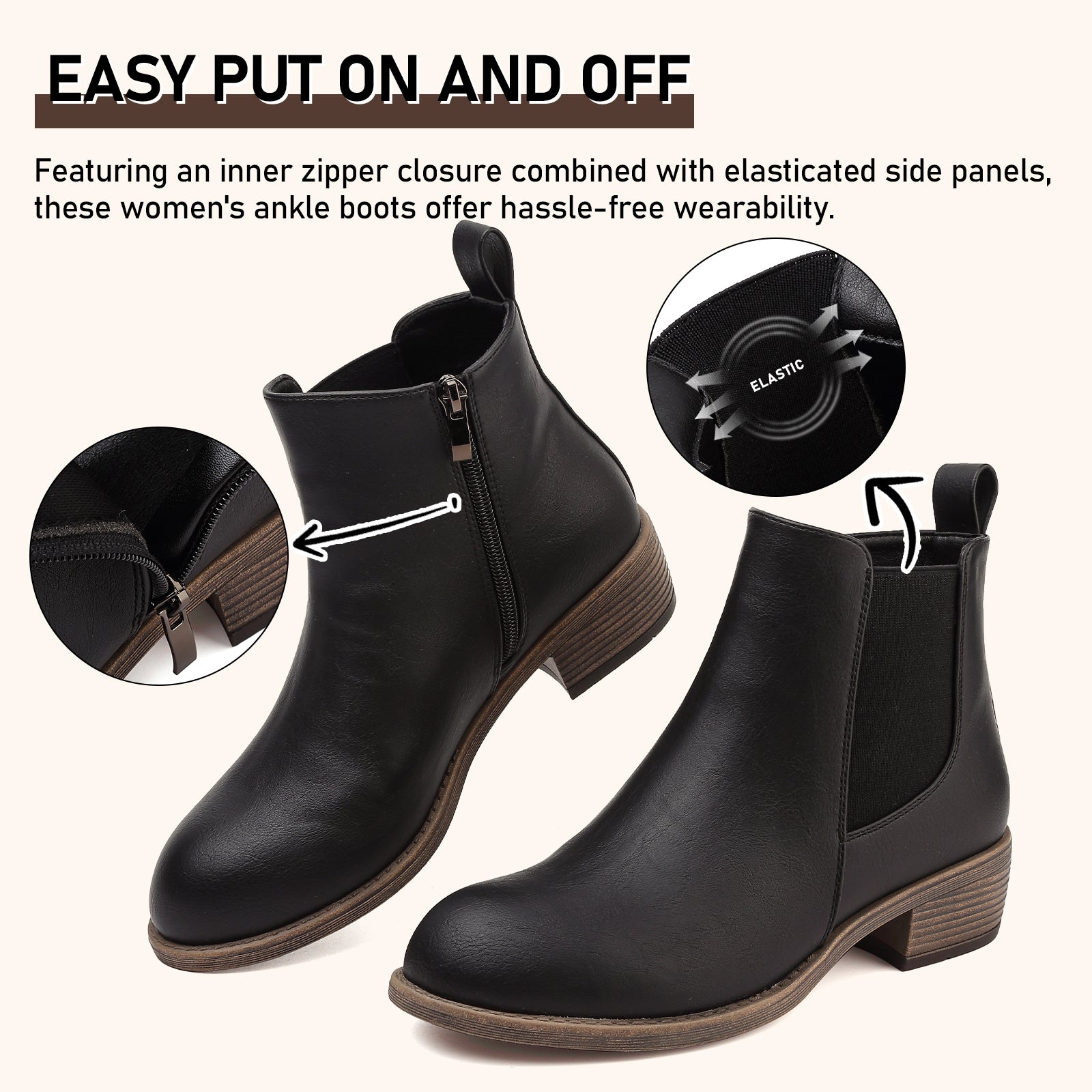 ziitop Ankle Boots for Women Waterproof Walking Boots Fashion Chelsea Booties Side Zip Low Heel Shoes Pointed Toe Casual Short Booties Black Brown