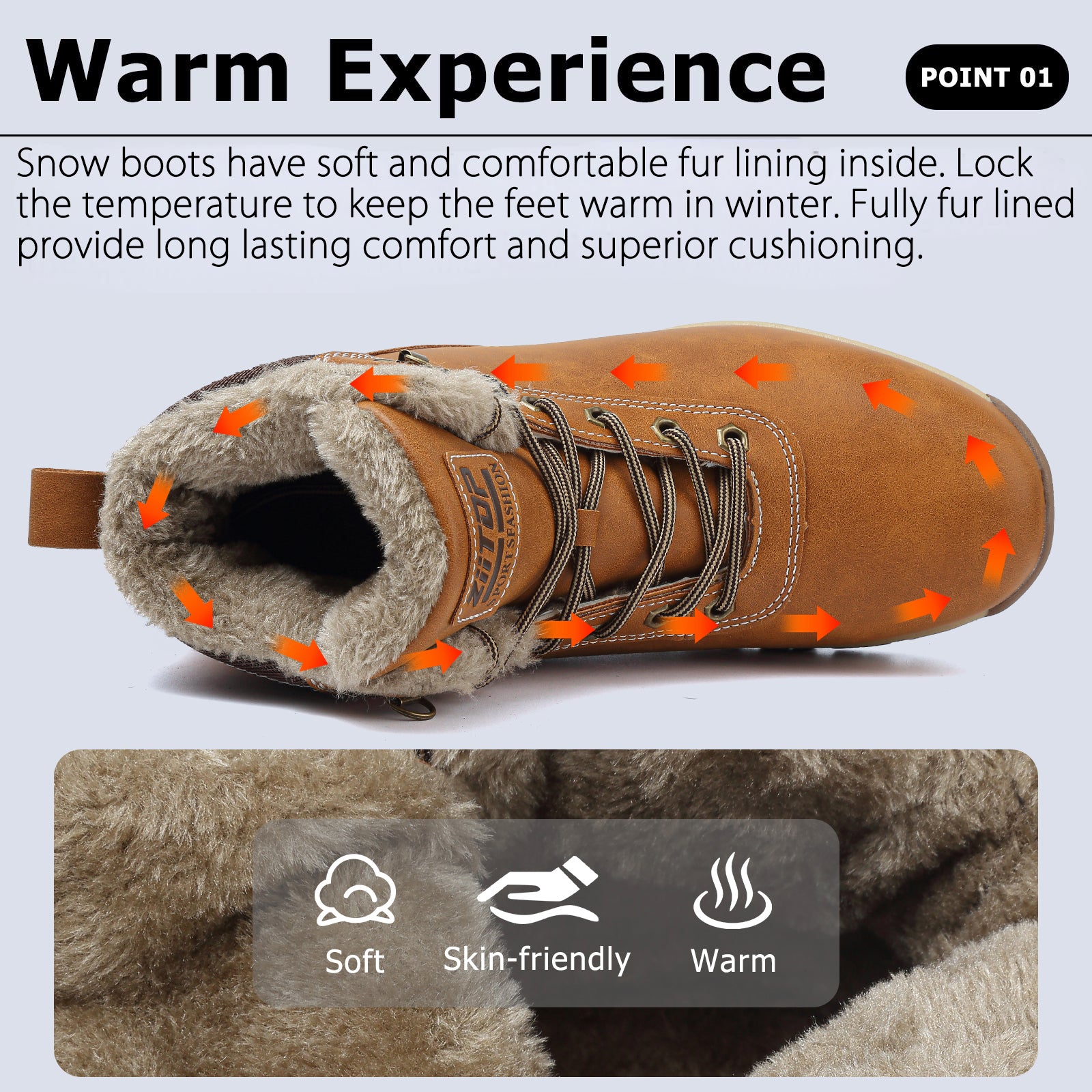 ziitop Winter Snow Boots Mens Walking Boots Waterproof Hiking Boots Warm Ankle Boots Mid Lace-up Non-Slip Outdoor Trekking Shoes