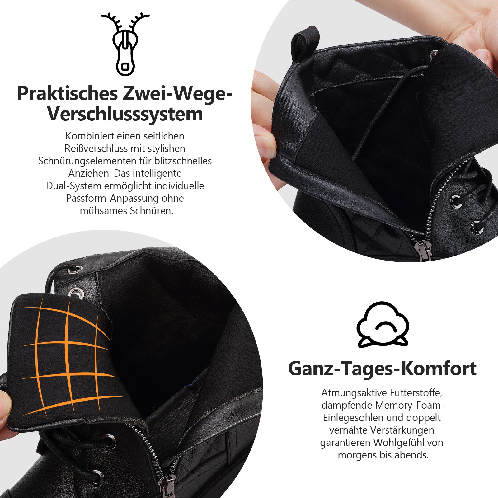 todaysunny Stiefeletten Damen Schnürstiefel Springerstiefel Schwarz Leder Wasserdichte Stiefeletten mit Reißverschluss Niedriger Absatz Schuhe Herbst Winter Combat Boots
