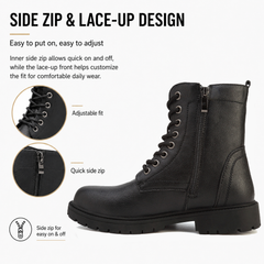 Maxome Boots for Women UK Combat Ladies Ankle Walking Black Boots Waterproof Side Zipper Lace Up Work Shoes Non Slip Platform Leather Booties