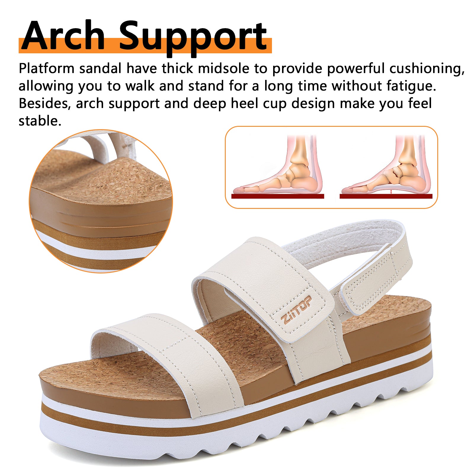 ziitop Platform Sandals for Women Orthopedic Sandals Ladies Wedge Wide Fit Cork Footbed Adjustable Strappy Open Toe Chunky Beach Summer Shoes