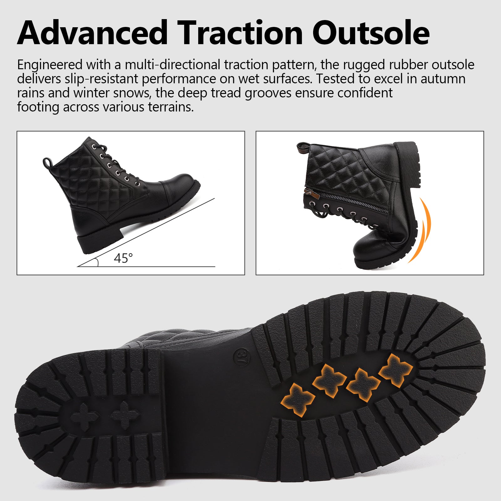 Maxome Boots for Women Walking Ankle Boots Waterproof Combat Black Lace up Booties Side Zipper Low Heel Bootie