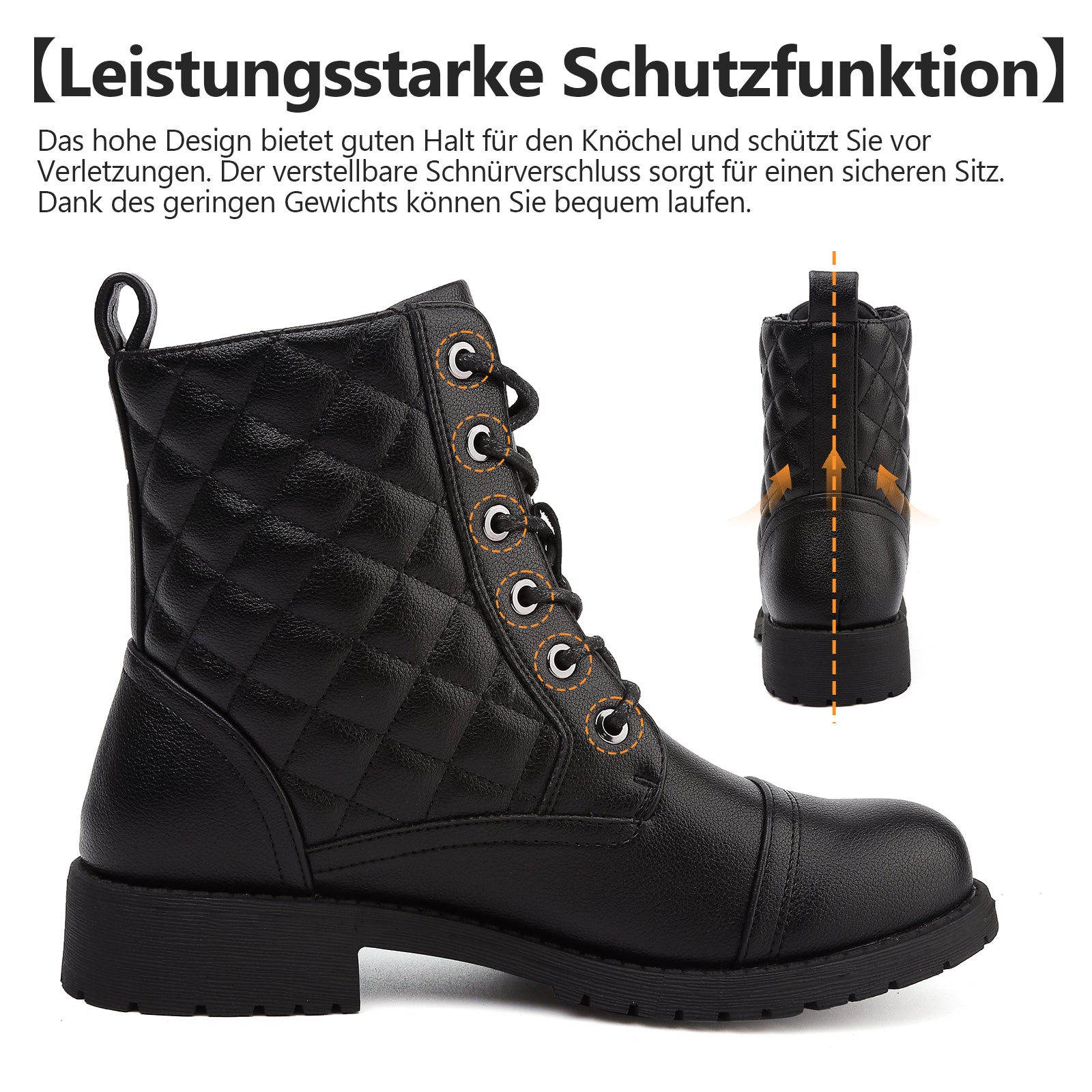 todaysunny Stiefeletten Damen Schnürstiefel Springerstiefel Schwarz Leder Wasserdichte Stiefeletten mit Reißverschluss Niedriger Absatz Schuhe Herbst Winter Combat Boots