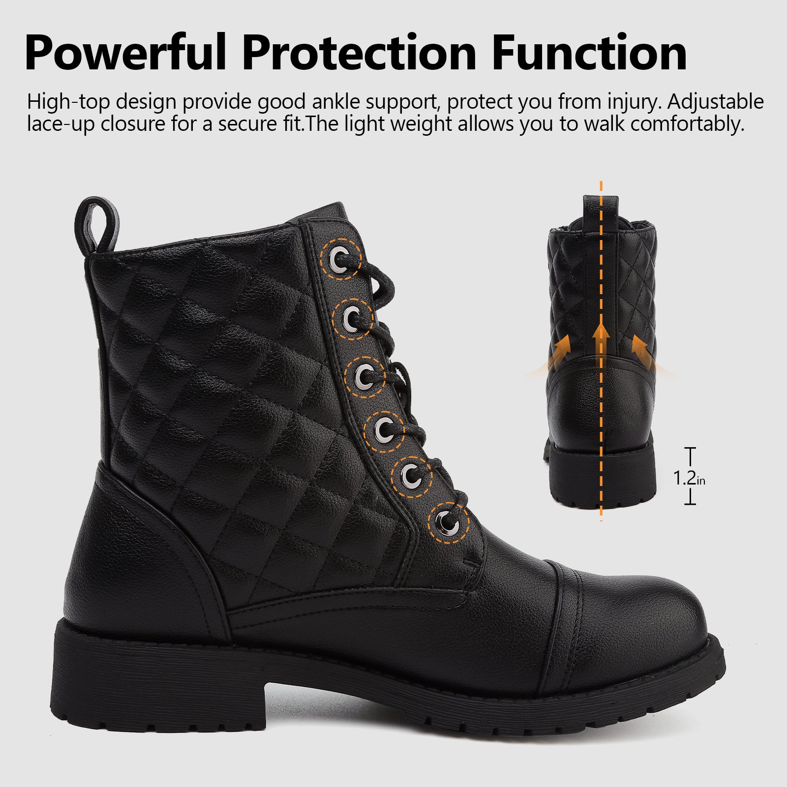 Maxome Boots for Women Walking Ankle Boots Waterproof Combat Black Lace up Booties Side Zipper Low Heel Bootie