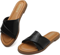 Womens Flat Sandals Open Toe Slip On Slides with Strap Slippers for Summer Slide Sandals