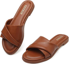 Womens Flat Sandals Open Toe Slip On Slides with Strap Slippers for Summer Slide Sandals