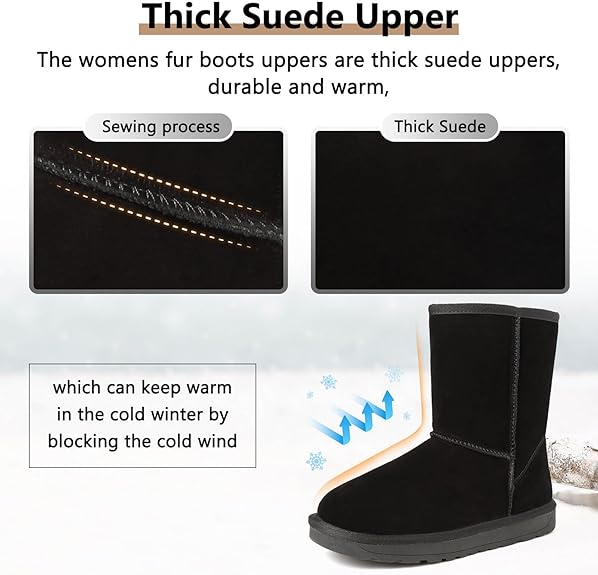 GoodValue Womens Snow Boots Suede Fur Lined Warm Winter Boots Women Classic Mid Calf Fuzzy Boots Ladies Lightweight Slip on Walking Booties Non Slip Bottes Femme Hiver