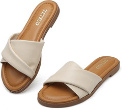 Womens Flat Sandals Open Toe Slip On Slides with Strap Slippers for Summer Slide Sandals