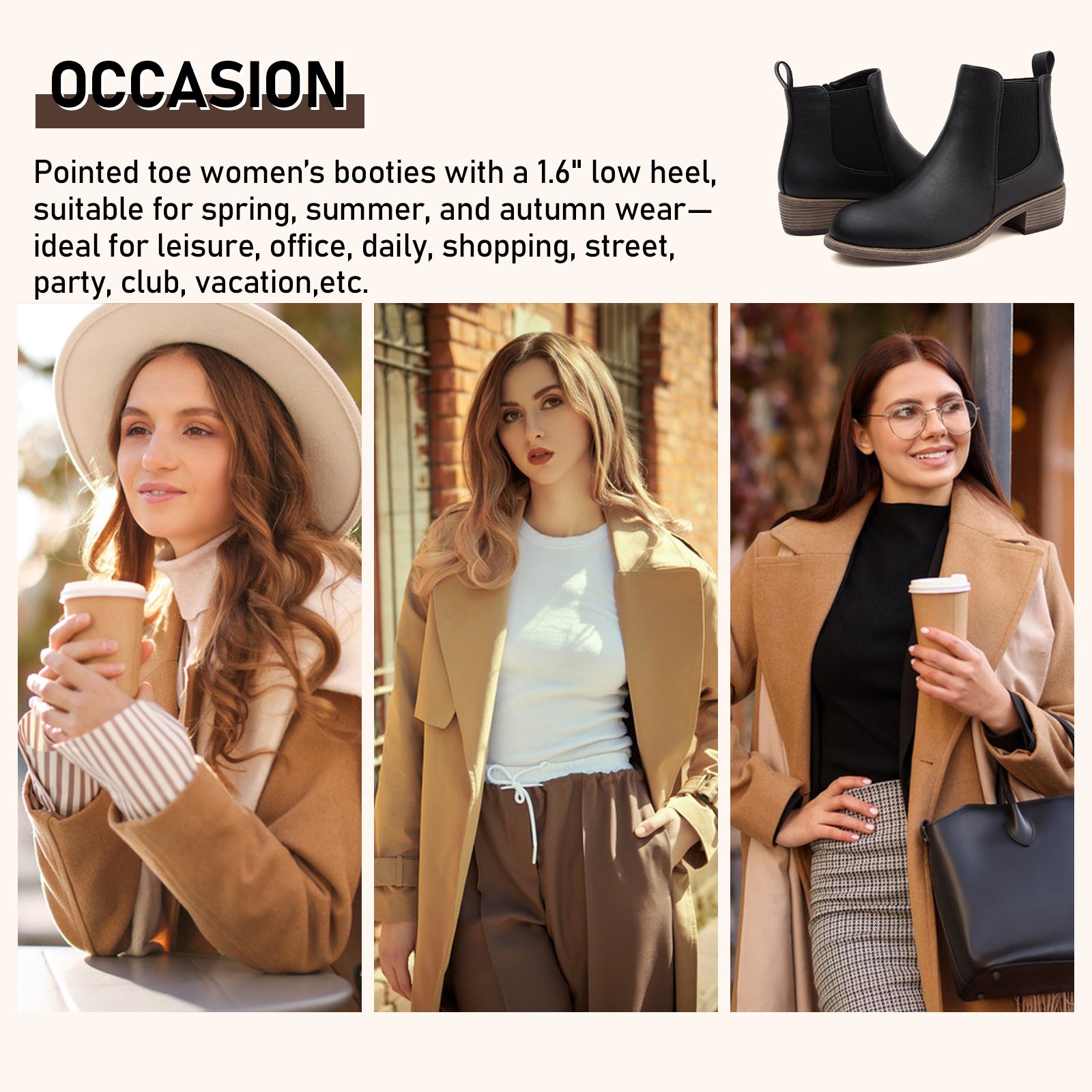ziitop Ankle Boots for Women Waterproof Walking Boots Fashion Chelsea Booties Side Zip Low Heel Shoes Pointed Toe Casual Short Booties Black Brown