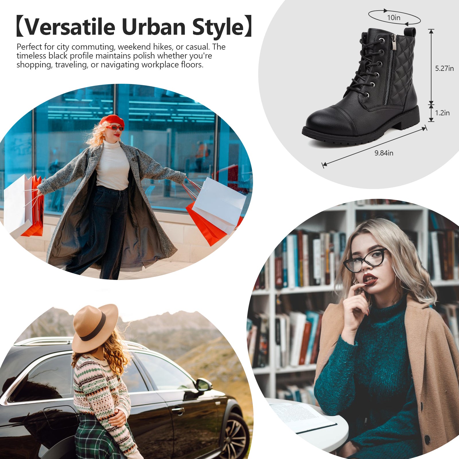 todaysunny Stiefeletten Damen Schnürstiefel Springerstiefel Schwarz Leder Wasserdichte Stiefeletten mit Reißverschluss Niedriger Absatz Schuhe Herbst Winter Combat Boots