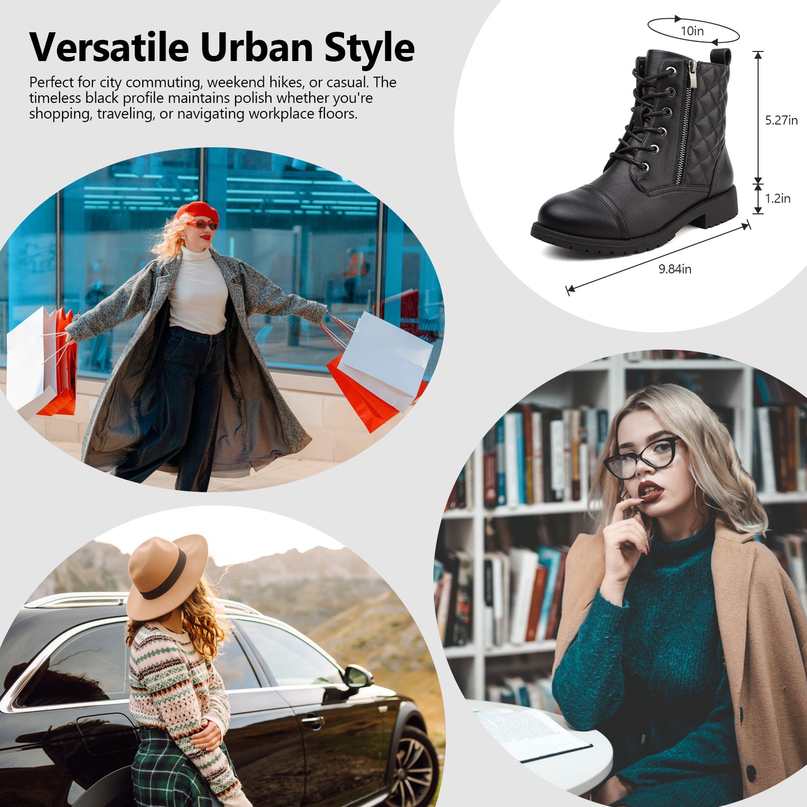 Maxome Boots for Women Walking Ankle Boots Waterproof Combat Black Lace up Booties Side Zipper Low Heel Bootie