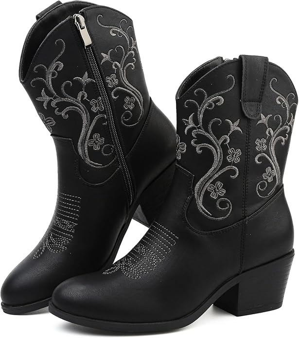BKWHDAY Women’s Western Short Cowboy Boots, Cowgirl Ankle Boots with Embroidered Design and Side Zipper