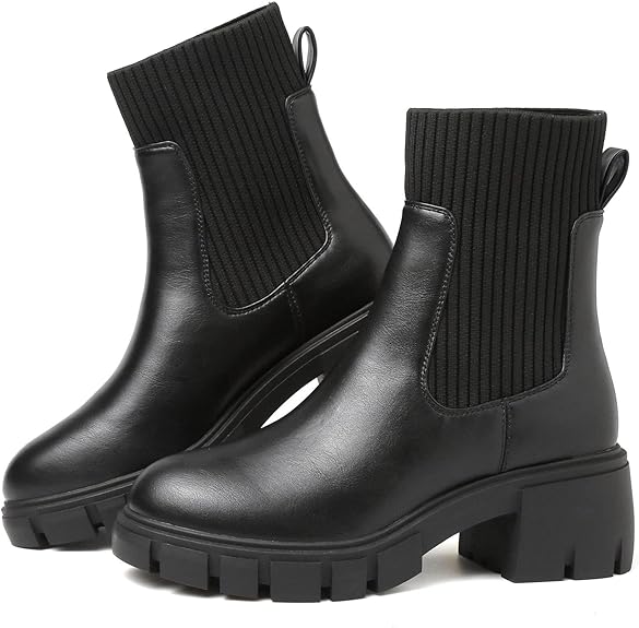 ziitop Women Platform Chelsea Boots Fashion Elastic Ankle Booties Lug Sole Chunky Block Heel Leather Fall Boots Ladies