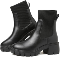 ziitop Women Platform Chelsea Boots Fashion Elastic Ankle Booties Lug Sole Chunky Block Heel Leather Fall Boots Ladies