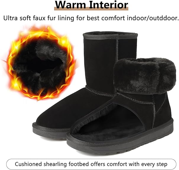 GoodValue Womens Snow Boots Suede Fur Lined Warm Winter Boots Women Classic Mid Calf Fuzzy Boots Ladies Lightweight Slip on Walking Booties Non Slip Bottes Femme Hiver