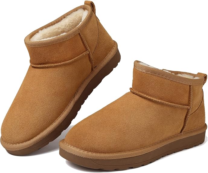 todaysunny Mini Boots for Women Snow Boots Suede Leather Winter Boots Warm Fur Lined Short Boots Classic Womens Slip on Ankle Boots Anti-Slip Indoor Outdoor Ladies Walking Boots