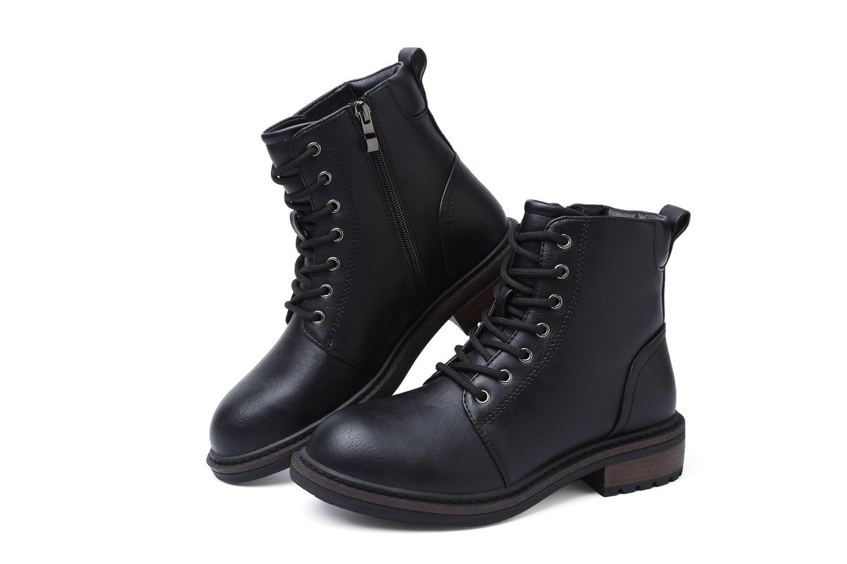 Hanani Womens Ankle Boots Side Zipper Casual Combat Boots Water Resistant Ladies Platform Walking Boots Lace Up Low Block Heel Round Toe Short Boots for Autumn Winter Work Booties