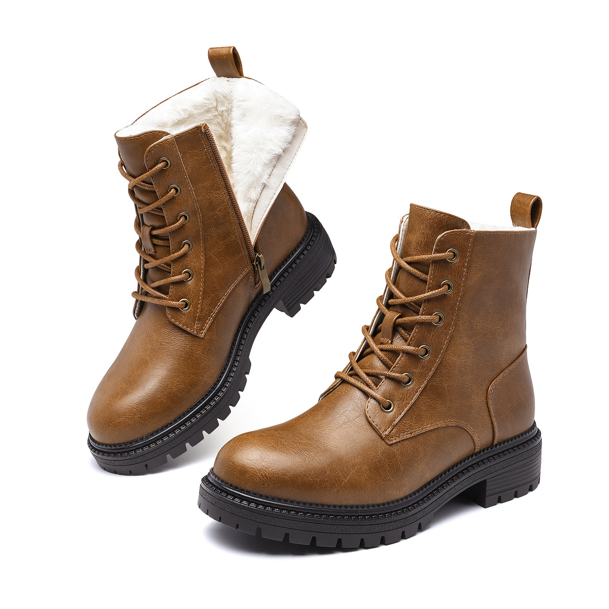Bravover Womens Winter Ankle Boots Ladies Snow Boots Lace Up Combat Boots Side Zip Water Resistant Biker Boots Chunky Rubber Lug Sole Low Heel Walking Boots（副本）（副本）