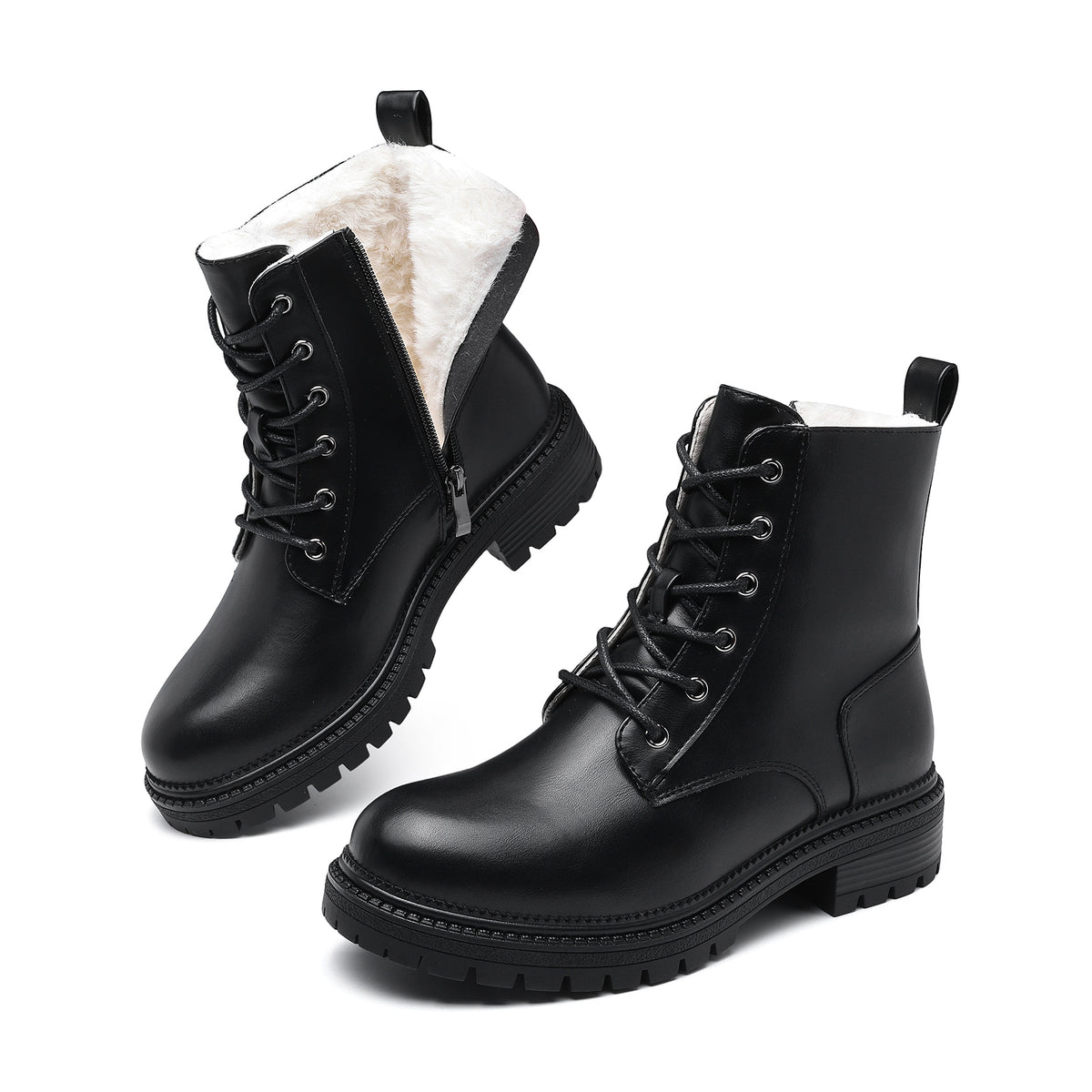 Bravover Womens Winter Ankle Boots Ladies Snow Boots Lace Up Combat Boots Side Zip Water Resistant Biker Boots Chunky Rubber Lug Sole Low Heel Walking Boots