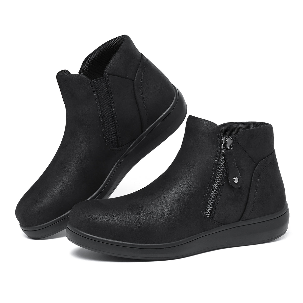 Hanani Womens Ankle Boots Side Zipper Chelsea Boots Water Resistant Ladies Comfortable Flat Booties Casual Walking Boots with Elastic Gusset Low Wedge Short Boots Work Bootie