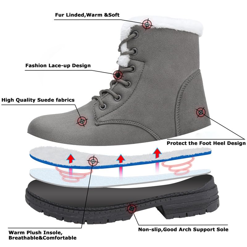 Supmix Snow Boots Womens Winter Boots Walking Boots Cotton Warm Fur Lined Snow Shoes Ankle Boots Mid Calf Lace Up Suede Boots Casual Non-Slip Lightweight Outdoor Ladies Booties