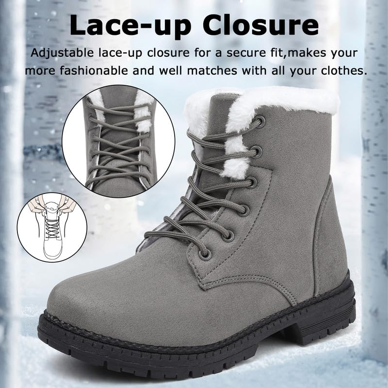 Supmix Snow Boots Womens Winter Boots Walking Boots Cotton Warm Fur Lined Snow Shoes Ankle Boots Mid Calf Lace Up Suede Boots Casual Non-Slip Lightweight Outdoor Ladies Booties