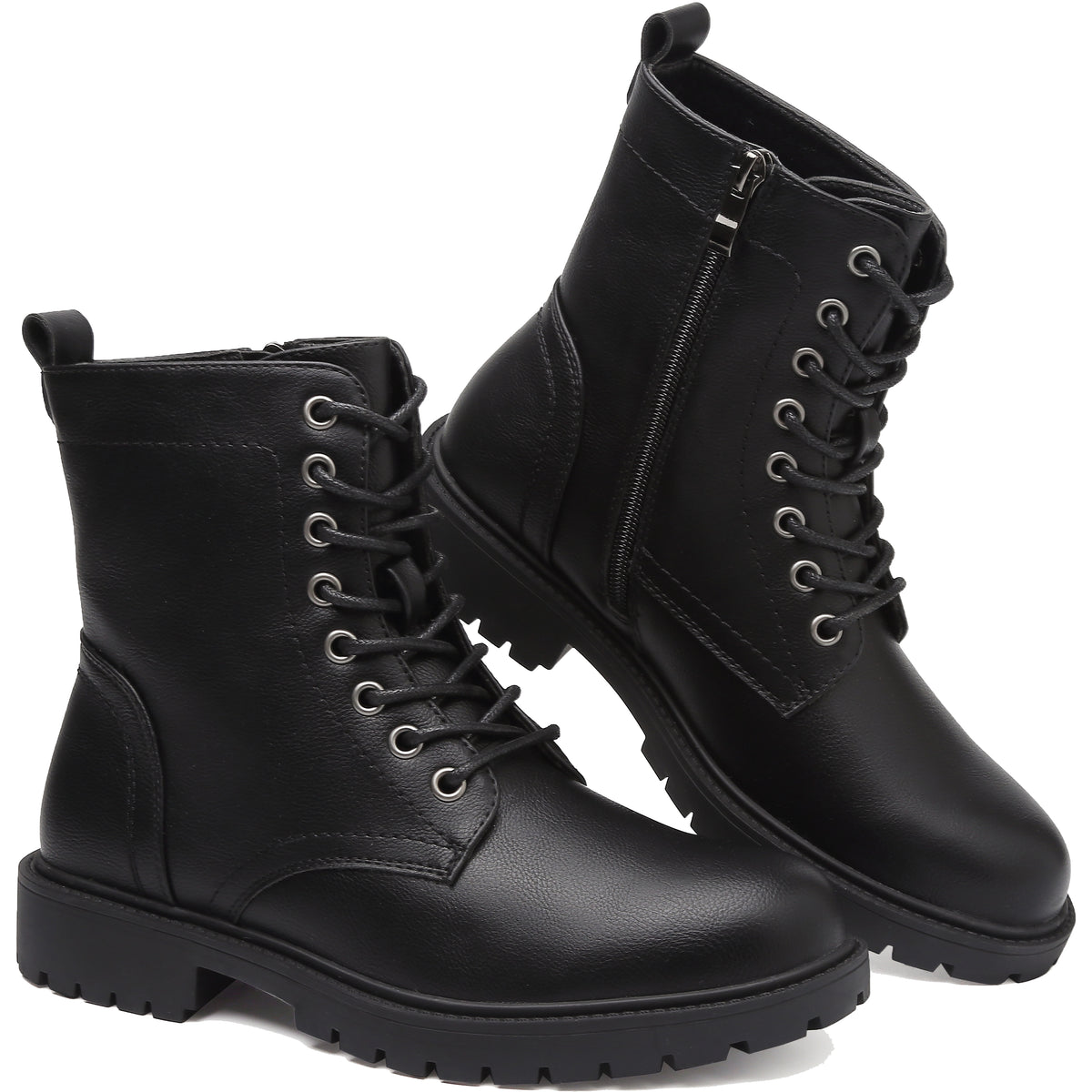 Maxome Boots for Women UK Combat Ladies Ankle Walking Black Boots Waterproof Side Zipper Lace Up Work Shoes Non Slip Platform Leather Booties