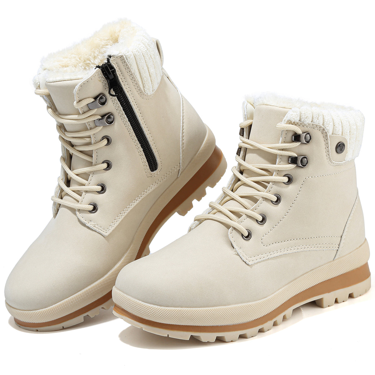 Hanani Women's Winter Snow Boots Ankle Waterproof Fur Lined Leather Walking Boots Lace Up Zipper Lightweight Outdoor Ladies Warm Shoes Non Slip Mid Calf Boots